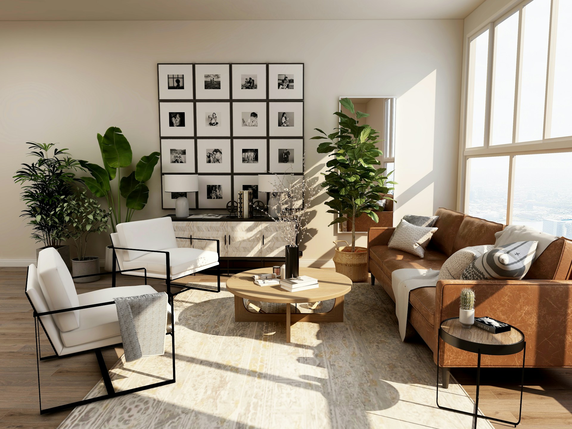Warm, sunlit living space with natural textures